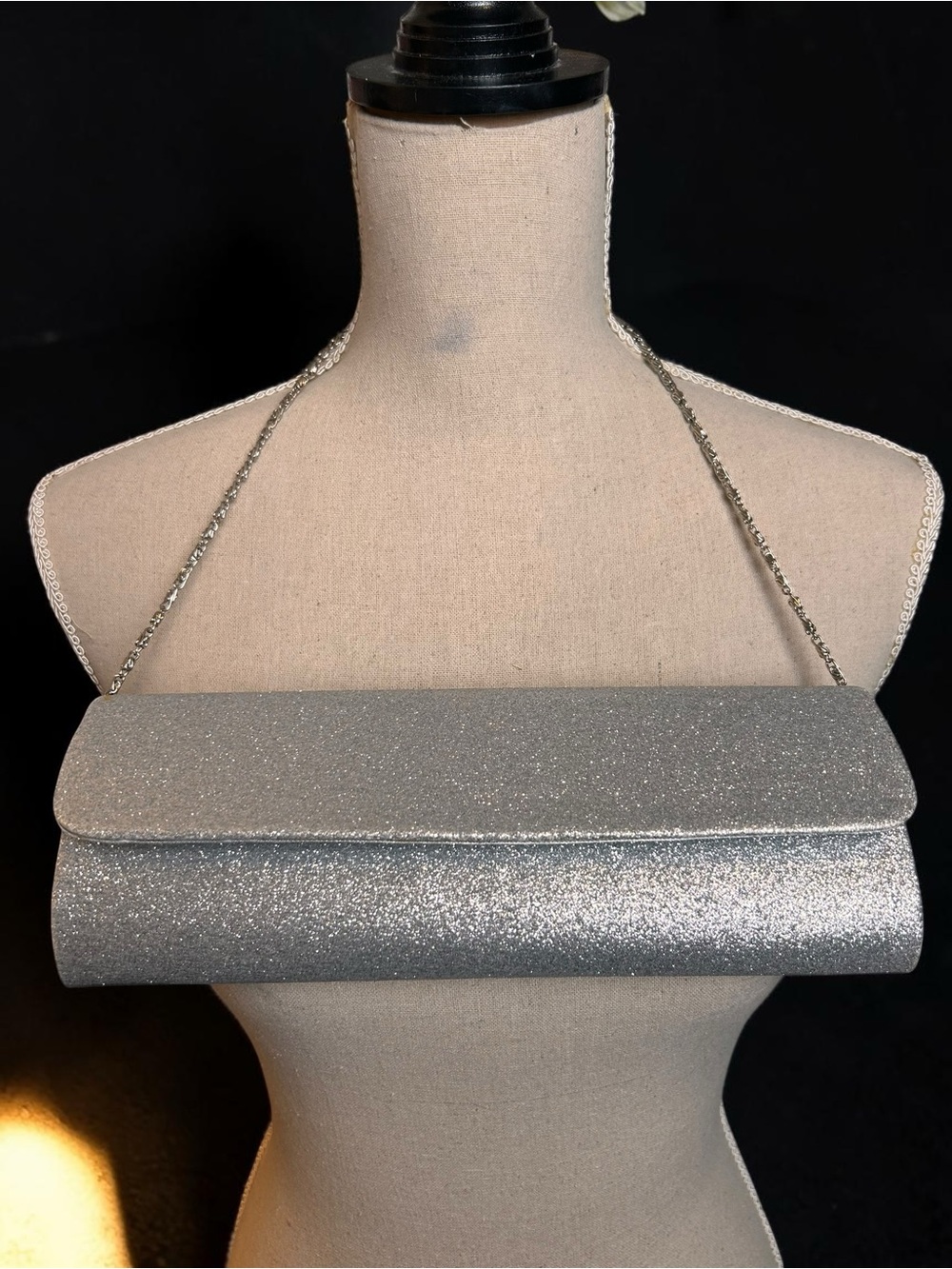 Vintage Silver Glitter Evening Clutch Chain Strap Envelope-Style Wedding Event